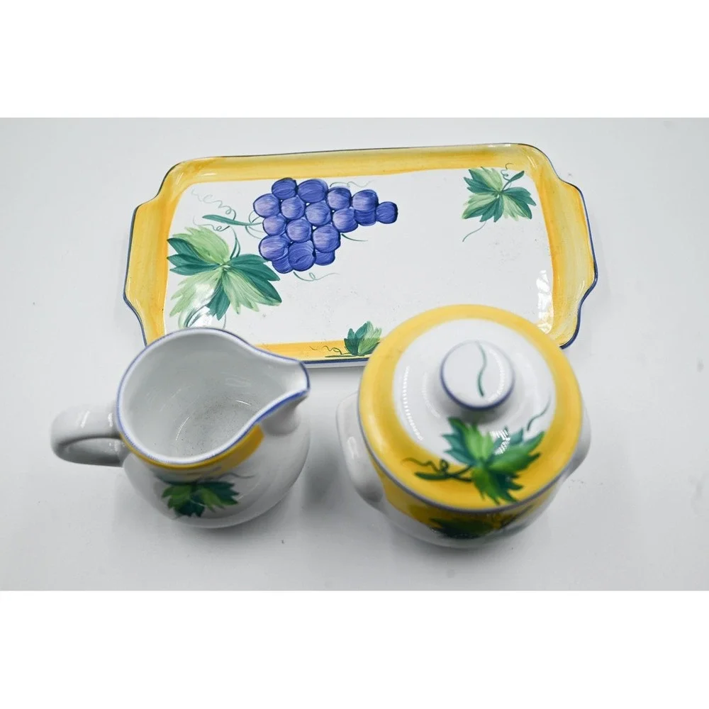 Present Tense Home Artistry Cream Sugar Set with Tray Handpainted Hungary Grapes